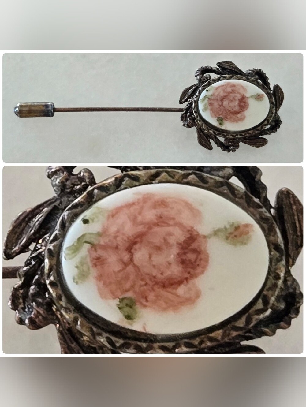 Vtg 70s Oval Painted Pocelain Rose Hat Pin Brooch, Floral, Fairy, Romantic